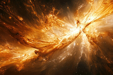 Poster - A mesmerizing cosmic nebula, swirling with fiery orange and gold hues, depicting a celestial dance of light and energy.