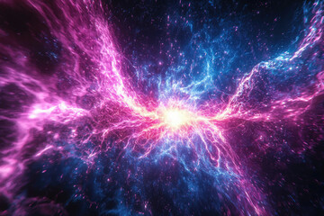 Poster - A vibrant cosmic explosion with pink and blue energy bursts, illuminating a starry expanse.