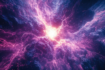Poster - A vibrant explosion of purple and pink energy bursts from a dark, cloudy core, creating a mesmerizing cosmic spectacle.