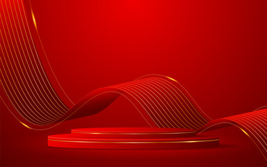 Fototapete - Red podium with elegant gold wave lines on the back for advertisement display. Display of cosmetic products. Stage or podium. vector illustration	
