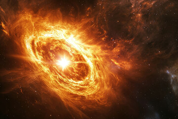 Poster - A fiery cosmic event, possibly a supernova or stellar explosion, illuminates the surrounding nebula with intense, swirling energy.