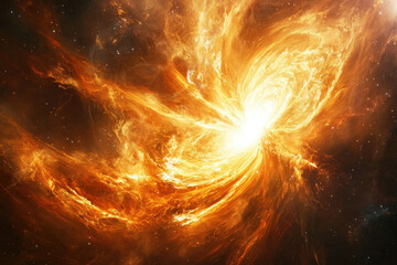 Poster - Fiery cosmic nebula with swirling orange and yellow gases, radiating intense light.