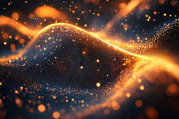 Poster - Abstract wave of glowing particles, dark background, orange and gold hues, shimmering effect.