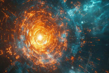 Poster - Abstract digital art depicting a swirling, glowing tunnel of orange and teal, suggesting futuristic technology or hyperspace travel.