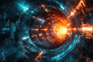 Poster - A swirling vortex of vibrant orange and teal digital data streams, creating a futuristic tunnel effect.