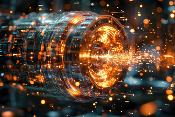 Poster - Glowing metallic cylinder with sparks, futuristic technology, intricate design, high-detail rendering.