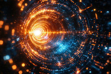 Poster - Abstract digital tunnel with glowing orange and blue lights, creating a futuristic and vibrant scene.