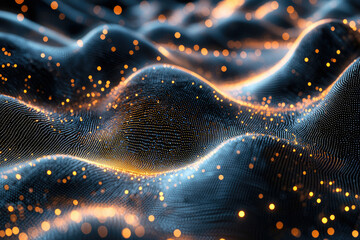 Fototapete - Abstract dark wave of glowing particles, dynamic digital landscape, futuristic technology background.
