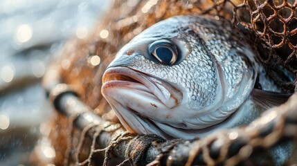 Close-up of a freshly caught fish in a fishing net, glistening scales and detailed texture