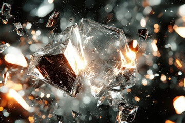 Poster - Shattered crystal cubes explode in a dramatic display of light and fragmented glass.