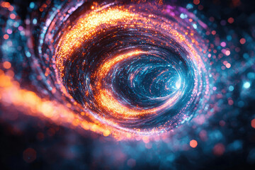 Poster - A mesmerizing vortex of vibrant orange and blue energy, swirling with glittering particles in a cosmic dance.