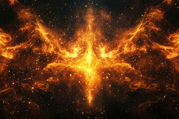 Poster - Fiery cosmic nebula with symmetrical, swirling patterns resembling wings or flames against a dark, starry backdrop.
