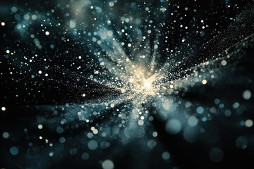 Fototapete - Abstract cosmic explosion of glittering particles, radiating light and energy in a dark universe.
