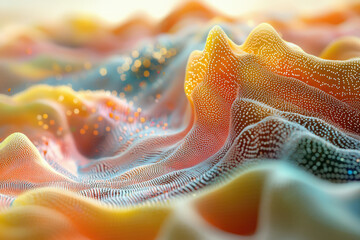Poster - Abstract 3D rendering of a colorful, flowing, particle-based landscape with undulating waves and glowing particles.
