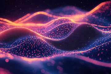 Poster - Abstract digital landscape with glowing particles forming undulating waves in vibrant pink and orange hues.