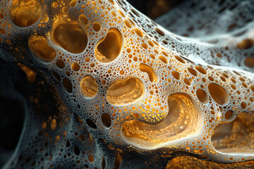 Poster - Abstract 3D render of a porous, gold-toned surface with intricate, bubble-like cavities.