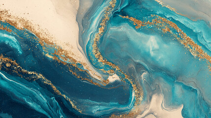 Fototapete - Abstract blue and beige marble texture with gold glitter, ideal as a background or banner, showcasing elegance and luxury