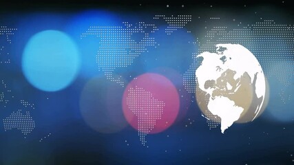 Wall Mural - Solid white globe floating over dotted map background, showcasing blue pink gray bokeh lights
