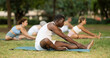 © JackF - Multinational people of different ages in park practicing yoga. Amateurs performing gymnastic. African man yoga master and followers do Janu Shirshasana. People practice sports during in nature