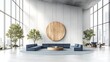 © Amron - Modern, airy room with blue sofas, trees, and large windows. Wooden circle art