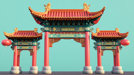Wall Mural - 3d rendering of a traditional chinese gate showcasing intricate design and vibrant colors against a minimalist backdrop. Dreadspire Gate. Illustration