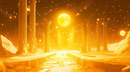 Wall Mural - Golden alien landscape with glowing pillars and celestial bodies. Cosmic Pillar. Illustration
