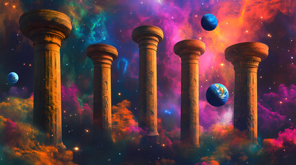 Wall Mural - A cosmic scene with glowing planets and textured pillars set against a vibrant, starry background. celestia. illustration. Cosmic Pillar. Illustration