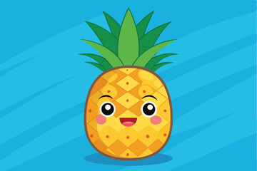Poster - Cute smiling pineapple character with bright colors and playful expression, set against a vibrant blue background, perfect for children's materials or tropical themes
