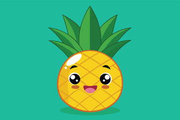 Poster - Cute smiling pineapple character with bright colors and playful expression, set against a vibrant blue background, perfect for children's materials or tropical themes