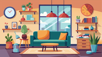 Poster - Cozy living room with green sofa, plants, and decorative elements in a bright, inviting atmosphere during daytime