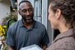 © Milos - A man engages with a woman at her doorstep while exchanging a package, creating a warm and friendly atmosphere that highlights community interaction and connection.