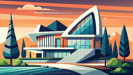 Aufkleber - Modern architectural design of a sleek house surrounded by nature during a vibrant sunset with scenic mountains in the background