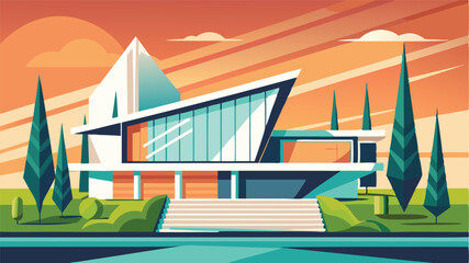 Aufkleber - Modern architectural design of a sleek house surrounded by nature during a vibrant sunset with scenic mountains in the background
