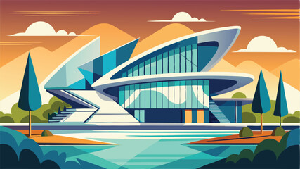 Poster - Modern architectural design of a sleek house surrounded by nature during a vibrant sunset with scenic mountains in the background
