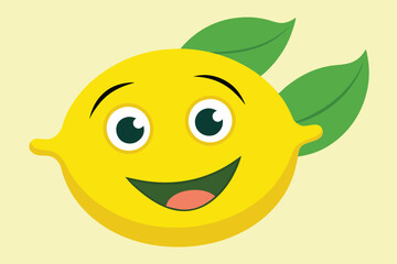 Poster - Smiling lemon character with green leaf on vibrant background, perfect for cheerful designs and fun illustrations for various projects