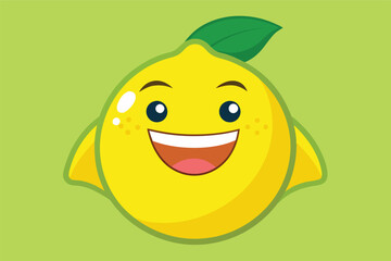 Poster - Smiling lemon character with green leaf on vibrant background, perfect for cheerful designs and fun illustrations for various projects