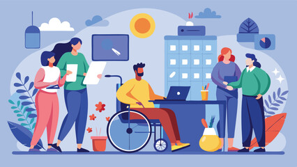 Poster - Modern workspace illustration featuring diverse team collaborating in an urban environment with plants and technology