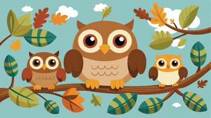 Poster - Colorful vector illustration of three cheerful owls perched on a branch surrounded by autumn leaves and a blue sky