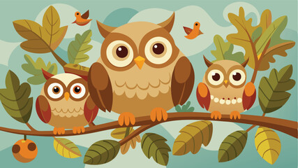 Poster - Colorful vector illustration of three cheerful owls perched on a branch surrounded by autumn leaves and a blue sky