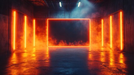 Wall Mural - a smoky studio, dark empty stage with orange backlighting, neon accents creating depth, and a rugged