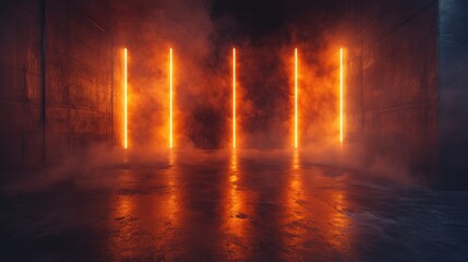 Wall Mural - a smoky dark stage, glowing orange tones with neon accents, floating mist, and rugged concrete floor