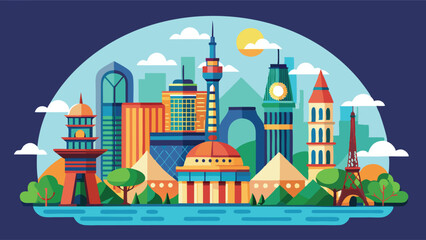 Poster - Urban skyline featuring iconic buildings and structures in a vibrant vector style illustration during sunrise or sunset