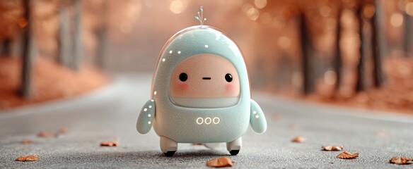 Cute light blue robot in autumnal setting