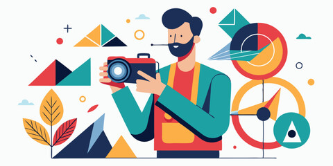 Aufkleber - Creative vector illustration of a photographer capturing moments amidst colorful geometric shapes and nature-inspired elements during a bright day