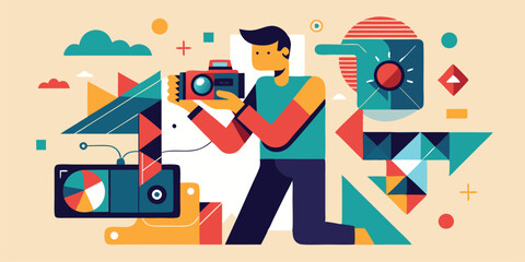 Aufkleber - Creative vector illustration of a photographer capturing moments amidst colorful geometric shapes and nature-inspired elements during a bright day