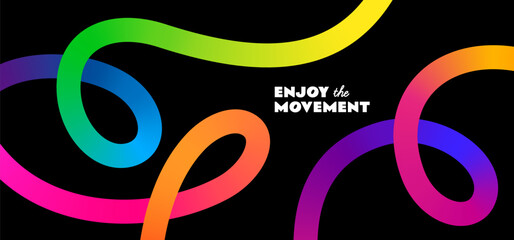 Poster - Abstract Color Line Shapes Pattern on Black Background. 3D Wave Shapes with Gradient. Vector Squiggle Graphic Element. Fun Rainbow Colored Wavy Ribbons