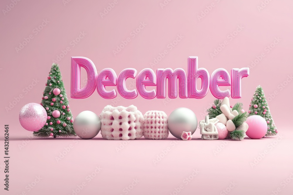 December is displayed prominently in large, pink letters, accompanied by white and pink ornaments, small pine trees, and gifts, creating a festive atmosphere ideal for the holiday season.