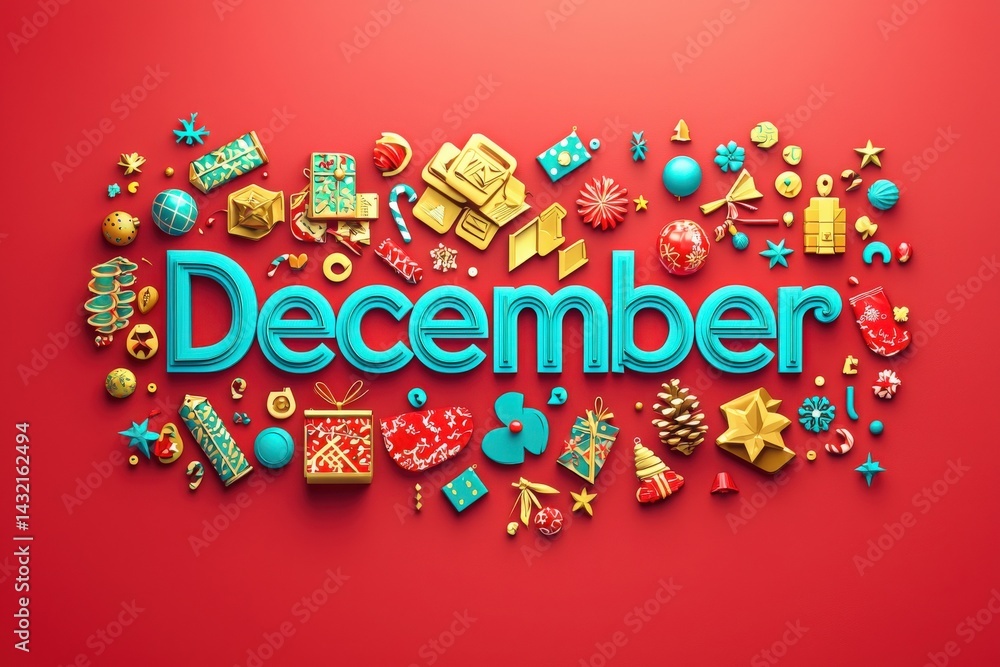 Colorful decorations and symbols associated with December create a festive atmosphere. The bright design includes gifts, ornaments, and holiday icons, all set against a bold red background.