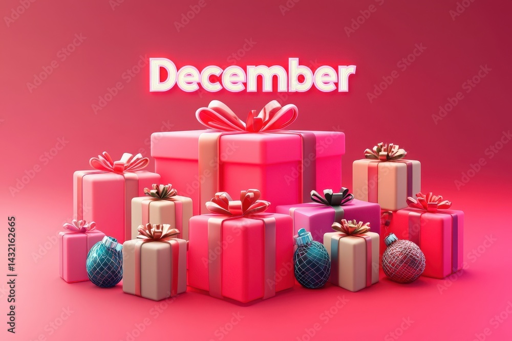 Brightly colored gift boxes of various sizes are arranged aesthetically against a bold backdrop. The festive decorations capture the joyful essence of December celebrations, inviting warmth and cheer.