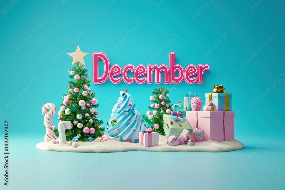 A vibrant display captures the joy of December, showcasing a pastel color palette with a Christmas tree, whimsical frosting, and neatly wrapped gifts. The setting radiates holiday cheer.